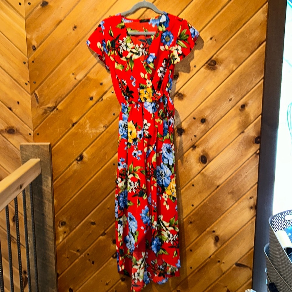 Bright red floral faux wrap maxi dress